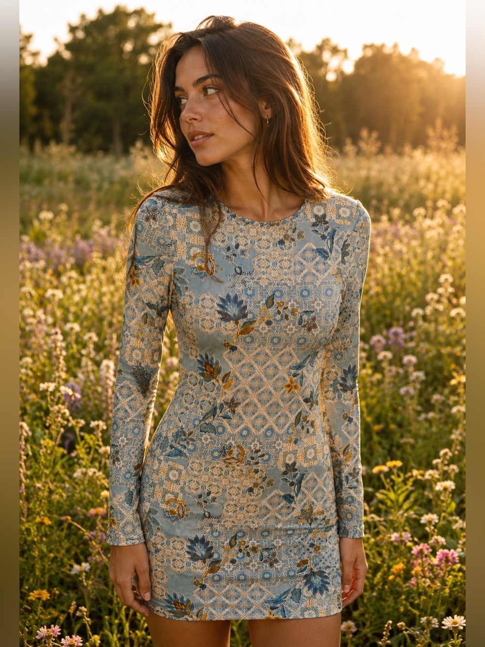 Sky Blue Floral Long-Sleeve Women's Dress by Style & Co.